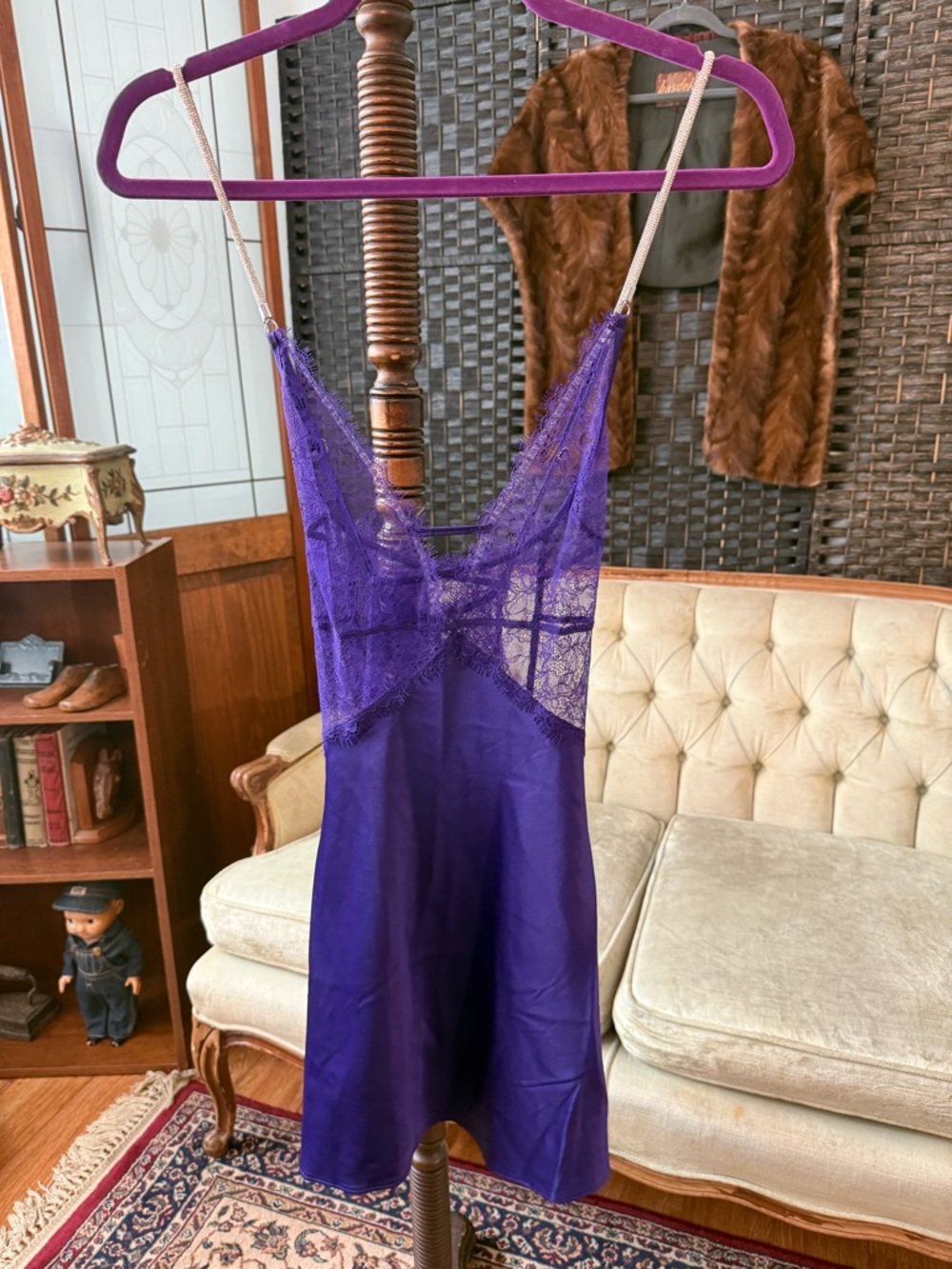💜 Victoria’s Secret Purple Lace Satin Chemise Slip Dress Gem Straps XS - Picture 2 of 7